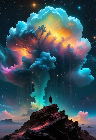 Vivid starry nebula cloud composed of neon glass filaments glowing with warm and cool light hues above silhouetted figure on rocky mountain under star-filled sky.