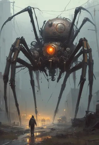 Giant mechanical spider robot with glowing orange eye towering above a person on a wet, foggy urban street, painted in a dark sci-fi style by Ismail Inceoglu.