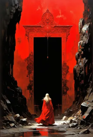A lone female figure with long blonde hair stands with her back to the viewer, wearing a flowing red coat, facing a grand dark entrance in a giant bright red rock adorned with intricate carvings, set in a narrow rocky pathway with dramatic lighting and a mysterious atmosphere.
