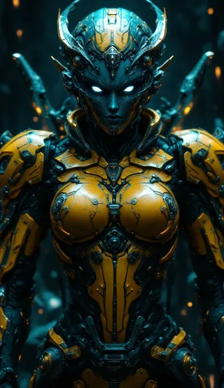 Cybernetic humanoid figure with glowing blue eyes and intricate yellow and dark teal futuristic armor, featuring detailed mechanical and polished metal parts under volumetric lighting.