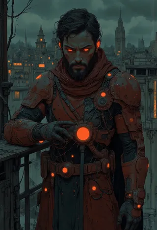 A male cyber assassin in a dark red body suit with black accents and glowing red eyes stands on a rooftop at night overlooking a post apocalyptic city illuminated by neon lights, holding a katana.