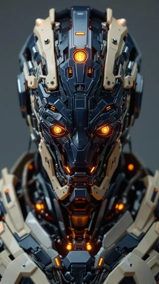 Close-up of a cybernetic humanoid figure with detailed dark blue and cream armor plating and orange glowing energy orbs, shown in photorealistic digital art style.