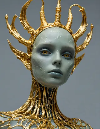 Portrait of an extraterrestrial monarch with transparent glass-like skin and veins, adorned with a gold minimalistic tiara and intricate gold filaments forming a regal neckpiece and horn-like structures.