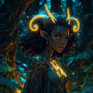 A fantasy portrait of a dark-skinned woman with glowing golden elf horns and curly hair standing in a mystical glowing forest surrounded by magical blue orbs and fireflies.