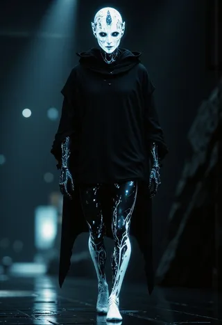 A futuristic cyborg with glowing white and blue skin, dressed in a black oversized hoodie, illuminated by chiaroscuro lighting in a dark environment.