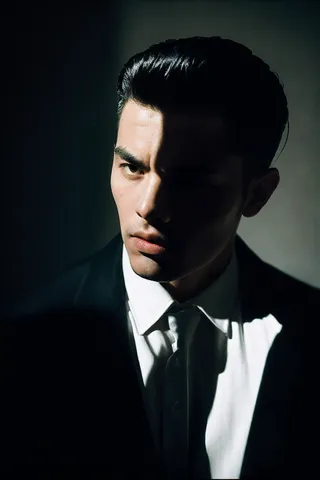 Portrait of a gangster man partially hidden in shadow with Pompadour hair, wearing a suit and white shirt, dramatic lighting emphasizing mood and facial expressions.