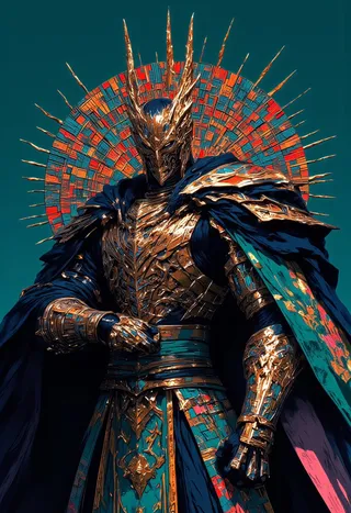 A majestic figure clad in intricate gold and teal armor with a futuristic, horned helmet, standing before a vibrant, geometric halo on a teal background.