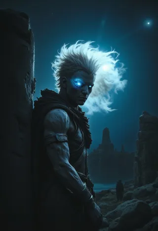 Ethereal humanoid figure with glowing blue night vision eyes and pale skin standing near ancient stone ruins under a moonlit sky in a mystical medieval fantasy setting.