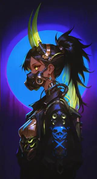 Profile of a dark-skinned female cyberpunk figure with black hair tied in a high ponytail with green highlights, wearing a gas mask, mechanical parts, and glowing yellow eyes against a blue-purple glowing circular background.