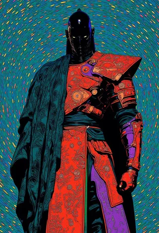 A tall Japanese warrior wearing futuristic and ornate armor in red and purple tones, standing against a teal spiral optical illusion background with neon dots.