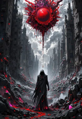 A towering hooded dark figure stands in a desolate post-apocalyptic landscape beneath a bleeding red orb, surrounded by crumbling buildings and dark stormy skies.