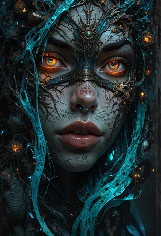 Close-up digital fantasy portrait of a young woman with glowing orange eyes, an ornate metallic mask covering part of her face, and a flowing teal scarf with intricate patterns, set against an abstract dark background with glitch and metallic textures.