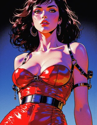 A mature woman in a shiny red latex dress with straps and belts, illuminated with vibrant rim lighting against a gradient blue background, blending cyberpunk and retro futurism aesthetics.