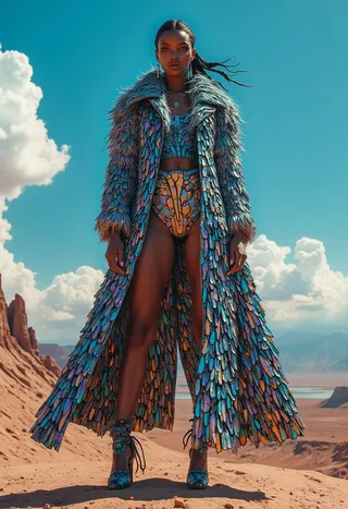 Full-length photograph of a woman wearing a luxurious fur coat made of silicon carbide crystals, styled with futuristic and African influences, standing in a dramatic desert landscape under a clear blue sky.