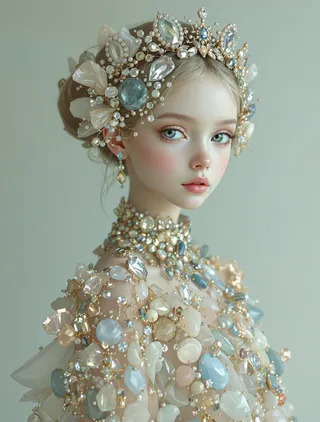 Portrait of an ethereal girl adorned with an intricate diadem and gown made of shimmering diamonds, crystals, and agate stones, styled in the NICOLETTA CECCOLI fashion editorial aesthetic.