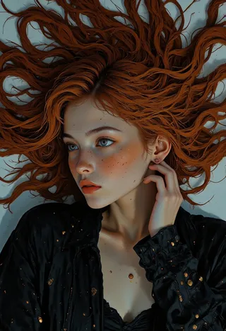 Portrait of a woman with long auburn hair spread out, fair freckled skin, and deep blue eyes, wearing a black jacket, lying on a flat surface.