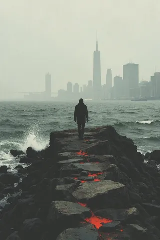 A solitary figure dressed in dark clothing stands on a jagged rocky outcrop extending into turbulent water with the hazy, muted NYC skyline in the background under an overcast sky.