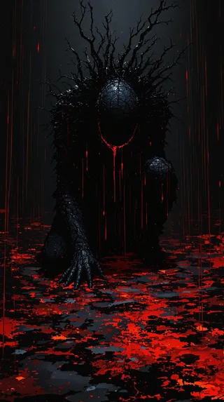 A black-textured humanoid figure kneeling on a dark red and black dripping surface in a gloomy, intense dark setting with no visible face and intricate, spiky protrusions.
