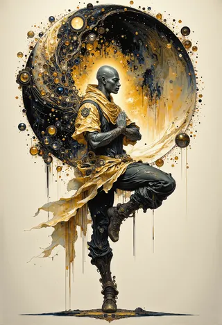 Serene monk in a one-legged yoga pose with flowing golden robes, set against a large, intricately detailed yin and yang symbol with ornate swirling patterns.