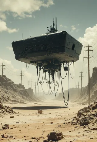 Heavily textured black rectangular spacecraft hovering low over a dry, dusty post apocalyptic landscape with powerlines and low concrete buildings under bright noon sunlight.