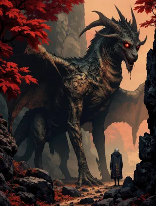 A massive ancient dragon with obsidian-like cracked scales and glowing crimson eyes faces a lone cloaked figure in a vibrant autumn forest with red leaves and rocky terrain.
