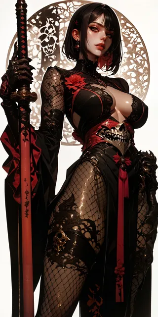 A dark fantasy female warrior in a black and red lace outfit with fishnet stockings and skull armor detail, holding a katana with intricate hilt design.