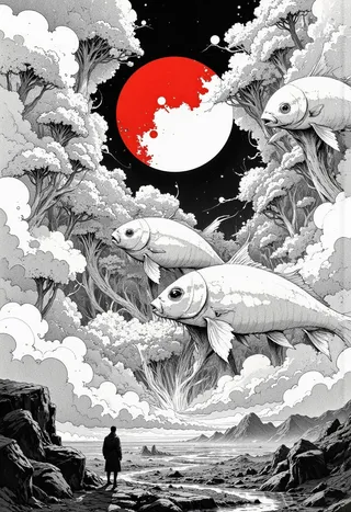 Black and white detailed drawing of ghostly fish floating in a surreal forest landscape with a large red ink splatter in the sky, viewed by a lone figure.