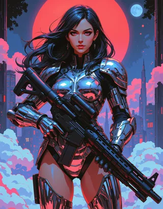 A futuristic sci-fi waifu with long black hair wearing shiny reflective silver armor, holding a large machine gun against a neon red moon and cyberpunk cityscape at night.