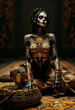 Slender dancer with intricate black and gold body paint in harem pants, seated with a cobra emerging from a wicker basket under warm ambient lighting.