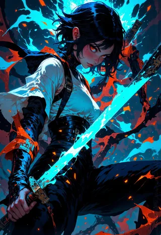 A fierce woman with short black hair and glowing red eyes wielding a glowing blue katana amidst flying sparks and embers in an anime style.