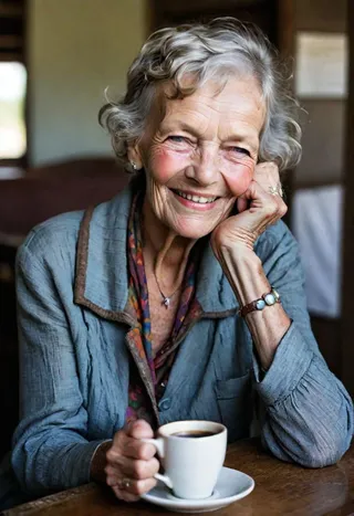 Hyperrealistic portrait of an elderly woman resembling Amelia Earhart in 1970s fashion, winking and holding a white coffee cup at a wooden table.
