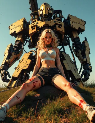 A blonde woman with blood on her legs sits on the grass in front of a large yellow robotic mech under clear sky, in a cinematic sci-fi setting.