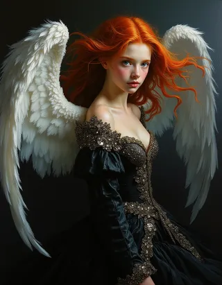 Teen female angel with flowing red hair and blue eyes wears an ornate black and silver dress, featuring large white feathery wings, depicted with intricate Rembrandt lighting.
