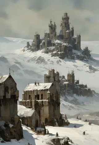 A gloomy and detailed snowy mountain scene with a large fortified castle featuring multiple towers and concrete walls, set under diffused light.