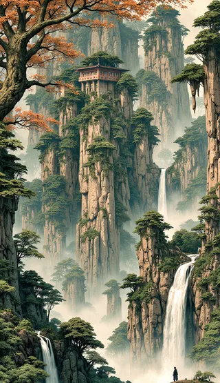 Watercolor-style painting depicting a palace perched atop tall forested cliffs with waterfalls and misty atmosphere.