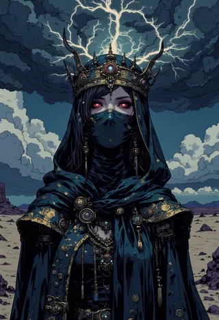 A veiled empress with glowing red eyes and an ornate crown that merges with lightning-filled storm clouds, standing on a desolate black sand landscape.