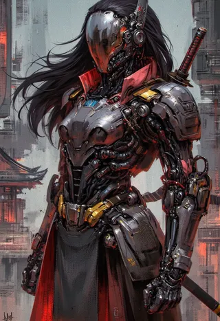 A female cyberpunk robot samurai with a mirrored face shield, hyperdetailed metallic armor with neon red and black reflective surfaces, flowing black hair, and a katana strapped to her back, set against an abstract eastern temple background.