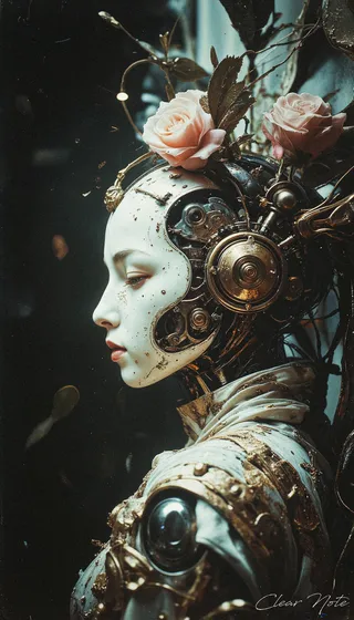 Side profile of a white cyborg adorned with delicate pink roses and intricate golden mechanical parts, featuring a calm, wistful expression.