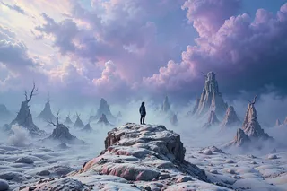 A surreal dreamscape featuring a lone figure standing on a rocky, spongy terrain under vast purple skies filled with billowing clouds and surrounded by mystical rock formations and mist.