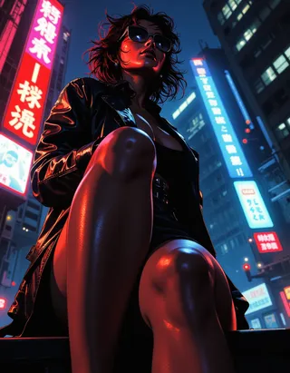 A retro futuristic woman in sunglasses and a black leather jacket, sitting with knees up against a neon-lit night cityscape with tall buildings and glowing signs.
