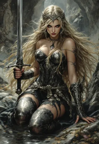 Blonde-haired princess warrior clad in intricate dark armor kneeling with a large sword in a rocky cave environment, in the artistic style of Luis Royo.