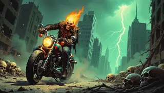 Flaming skeleton biker wearing a spiked leather jacket rides a skull-adorned motorcycle through an abandoned city filled with human skulls and green lightning.