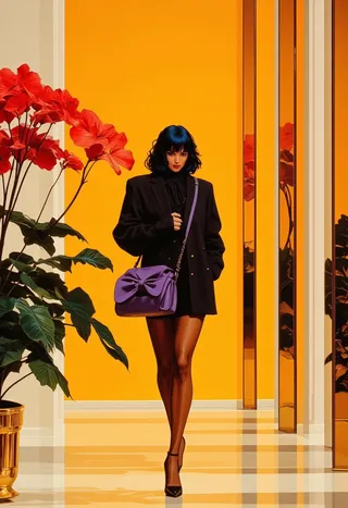 Digital portrait of a confident woman in a black blazer with a large bow, sheer tights, black high heels, and a purple handbag, walking in a bright yellow indoor studio with red Anthurium flowers, white pillars, and reflective chrome monoliths.