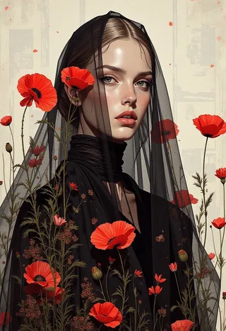 Hyper-realistic digital portrait of a woman with a black sheer veil, wearing a dark high-necked dress adorned with vivid red poppies, against a pale background with Aztec patterns.