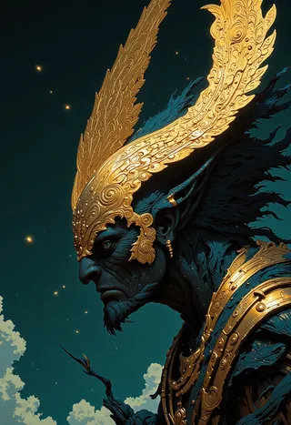 A dark, birdlike warrior with elaborate golden armor and an ornate feathered headpiece, gazing eastward beneath a starry night sky.