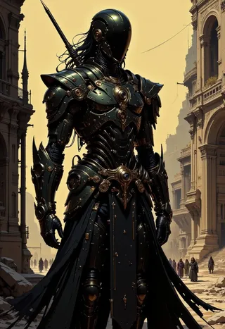 A futuristic warrior clad in black, ornate mechanical armor stands poised in a detailed medieval city street with towering classical buildings and distant figures walking.