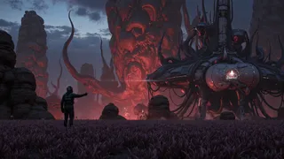 A humanoid figure in a dark space suit stands in a purple field pointing at a towering red organic structure with tentacle-like appendages, beside a detailed futuristic spacecraft under a twilight sky.