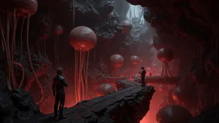 A photorealistic CGI scene of an eerie alien cave illuminated by a red glow, showcasing tentacle-like organisms and two humanoid figures in metallic suits standing on a narrow rocky pathway.