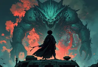 數碼插圖描繪黑斗篷少年站在軍用車輛上，面對一隻威脅性的藍色怪獸，怪獸有發光眼睛，背景是後末日世界中的風暴天空。