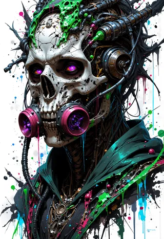 Detailed digital artwork of a humanoid skull with cracked white bone and glowing purple eyes, adorned with a glossy green cybernetic helmet and pink gas mask filters, surrounded by mechanical components and abstract paint splashes on a white background